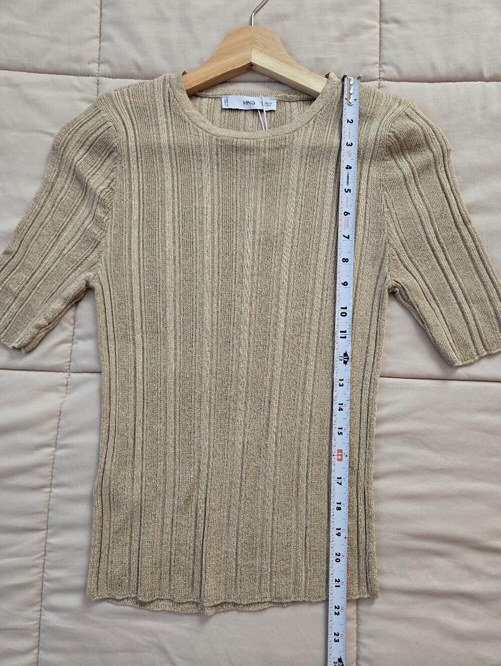 Mango Lurex Beige Short-Sleeve Ribbed Knitted Top XS - Picture 9 of 10